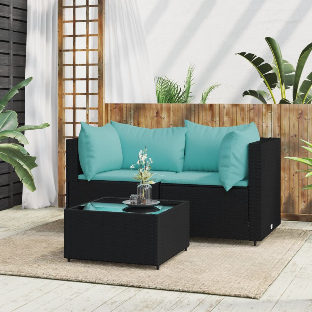 3-tlg. Garten-Lounge-Set mit Kissen Schwarz Poly Rattan