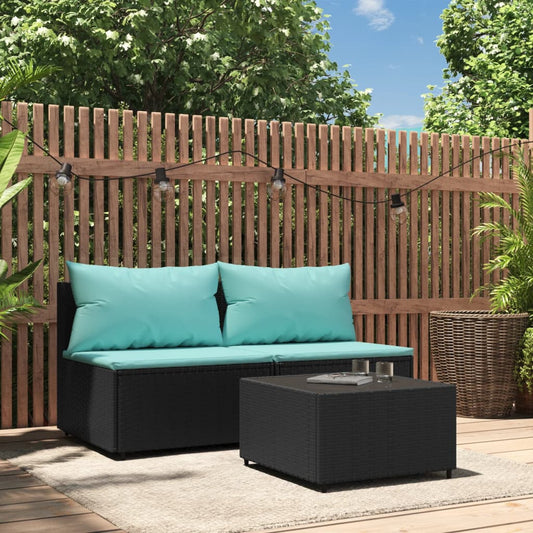 3-tlg. Garten-Lounge-Set mit Kissen Schwarz Poly Rattan