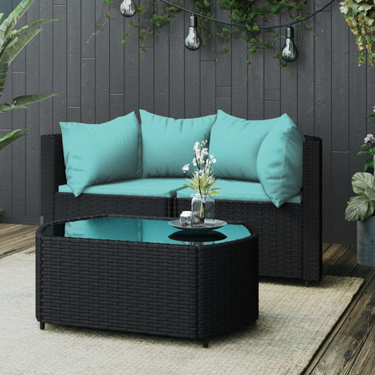 3-tlg. Garten-Lounge-Set mit Kissen Schwarz Poly Rattan