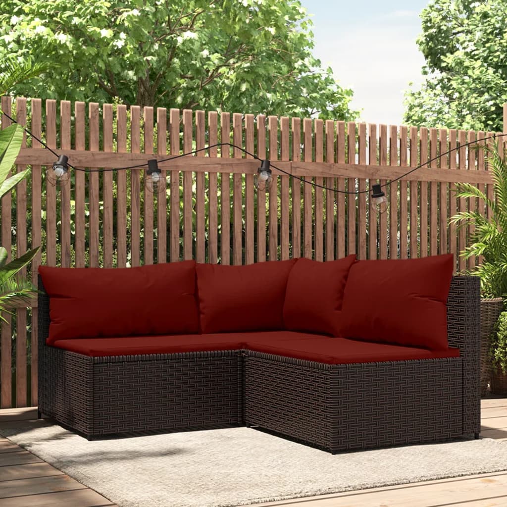 3-tlg. Garten-Lounge-Set mit Kissen Braun Poly Rattan