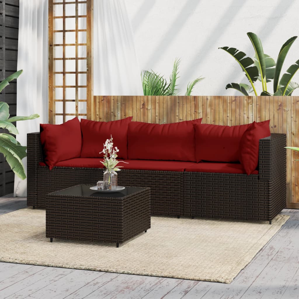 4-tlg. Garten-Lounge-Set mit Kissen Braun Poly Rattan