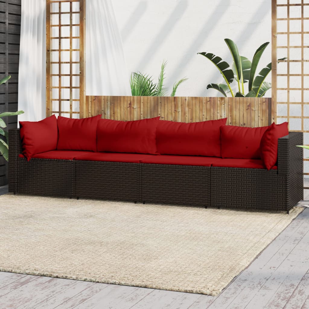 4-tlg. Garten-Lounge-Set mit Kissen Braun Poly Rattan