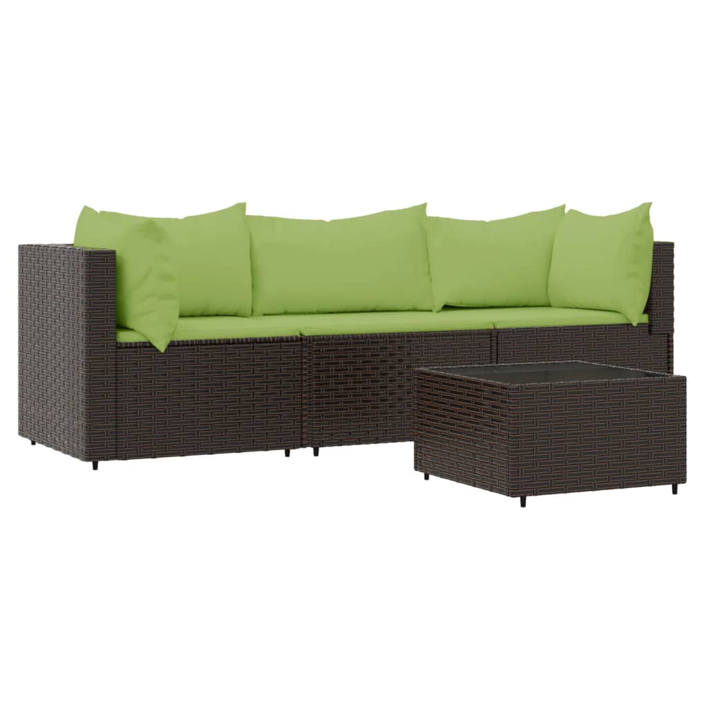 4-tlg. Garten-Lounge-Set mit Kissen Braun Poly Rattan