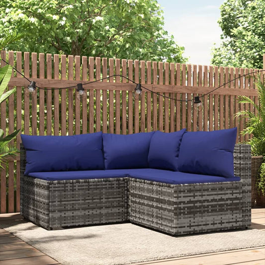 3-tlg. Garten-Lounge-Set mit Kissen Grau Poly Rattan