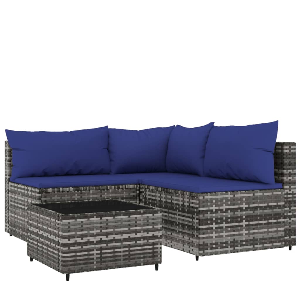 4-tlg. Garten-Lounge-Set mit Kissen Grau Poly Rattan