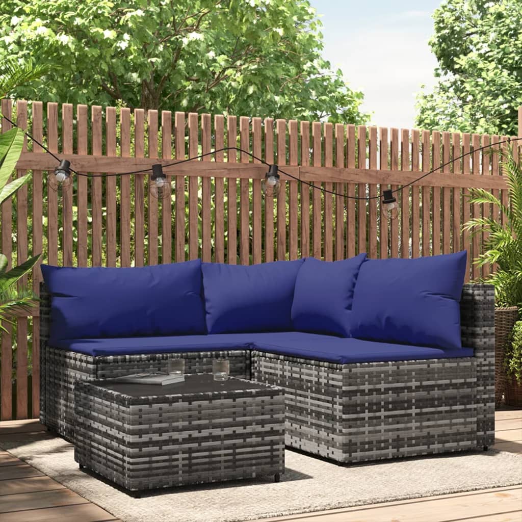 4-tlg. Garten-Lounge-Set mit Kissen Grau Poly Rattan