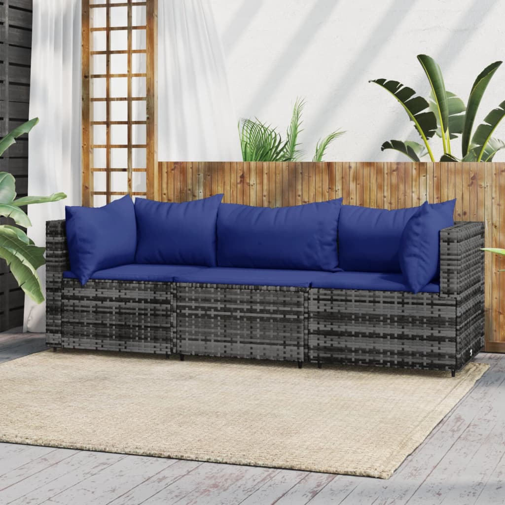 3-tlg. Garten-Lounge-Set mit Kissen Grau Poly Rattan