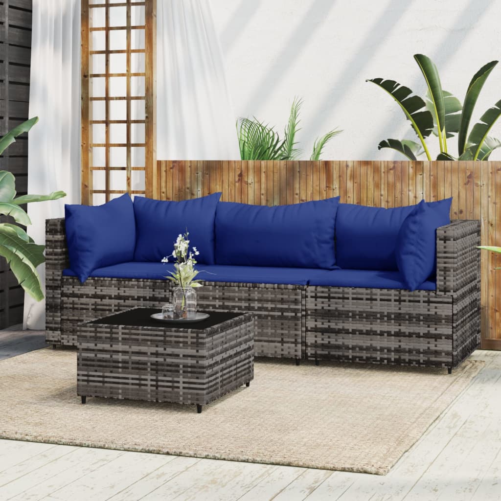 4-tlg. Garten-Lounge-Set mit Kissen Grau Poly Rattan