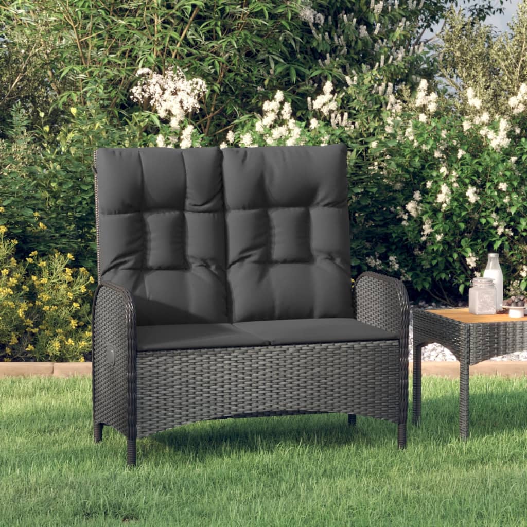 Gartenbank mit Liegefunktion & Kissen 107cm Poly Rattan Schwarz