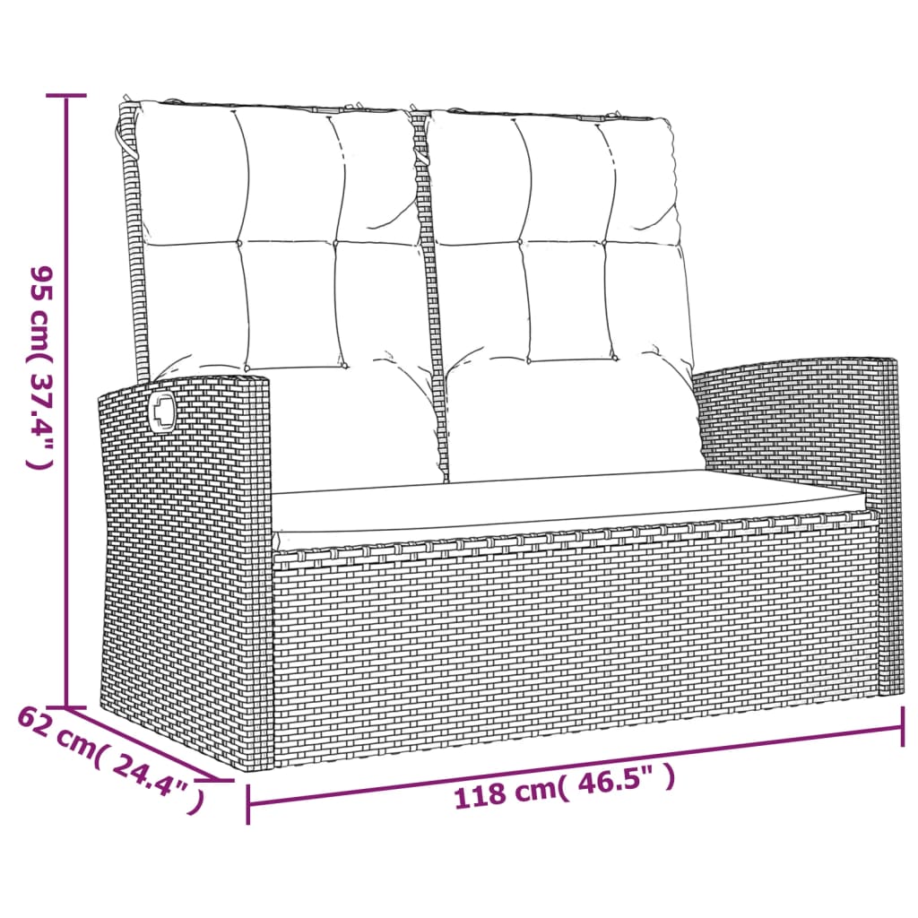 Gartenbank mit Liegefunktion & Kissen Schwarz 118cm Poly Rattan