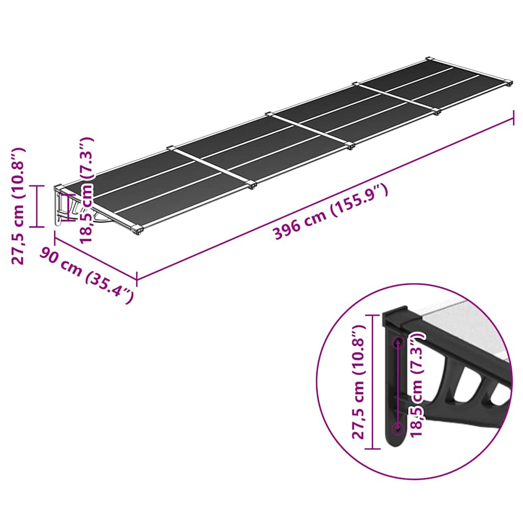 Türvordach Schwarz und Transparent 396x90 cm Polycarbonat