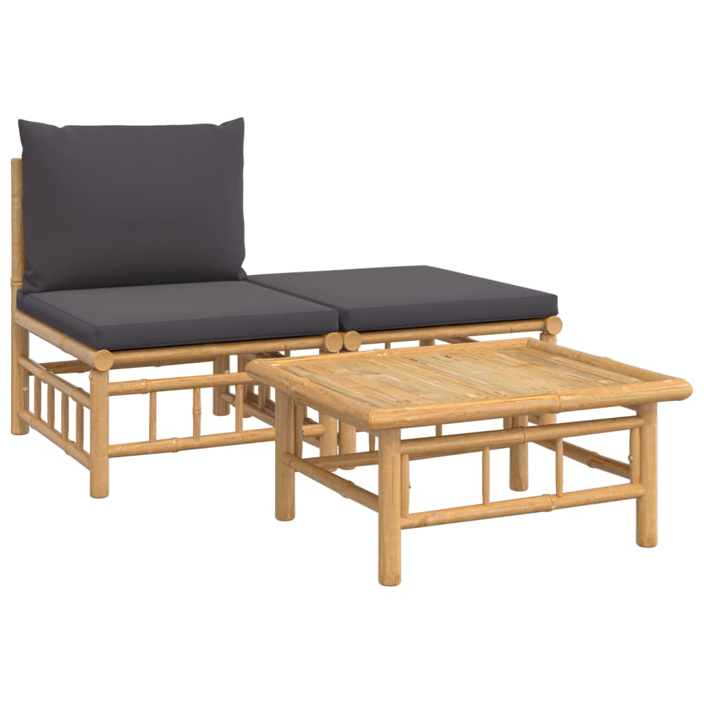 3-tlg. Garten-Lounge-Set mit Dunkelgrauen Kissen Bambus