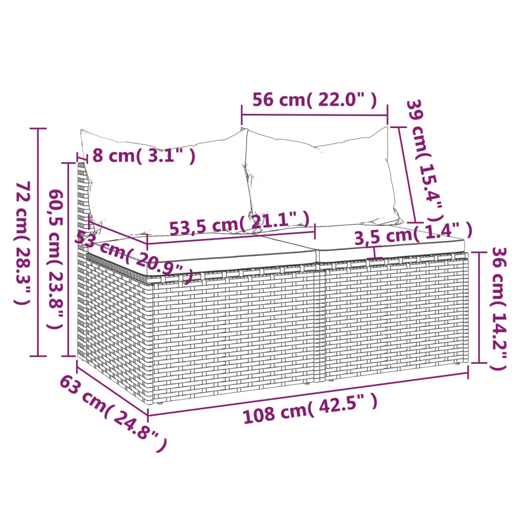 Garten-Mittelsofas mit Kissen 2 Stk. Grau Poly Rattan