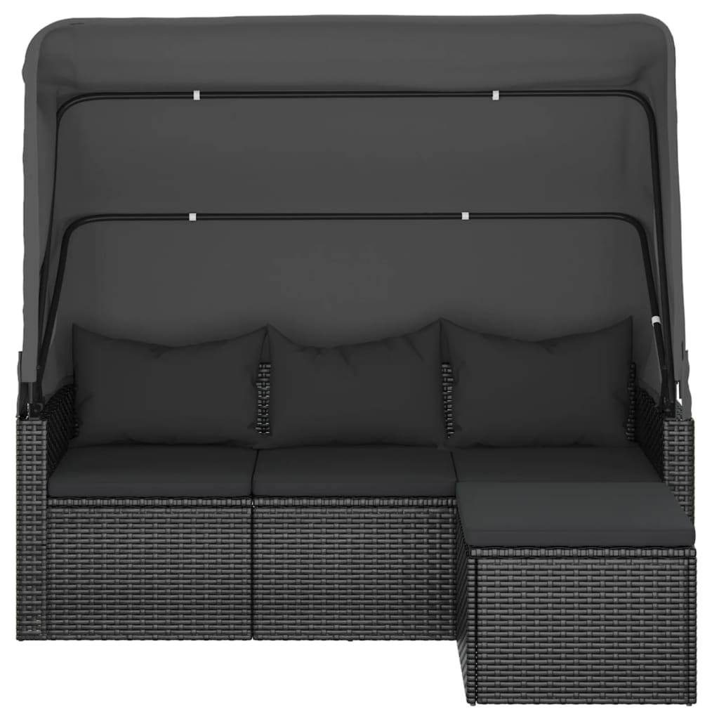 3-Sitzer-Gartensofa mit Dach und Fußhocker Schwarz Poly Rattan