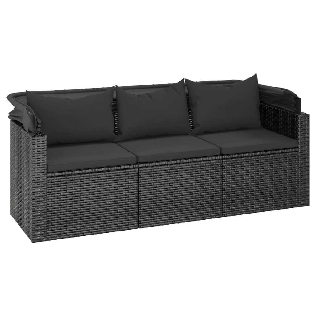 3-Sitzer-Gartensofa mit Dach und Fußhocker Schwarz Poly Rattan