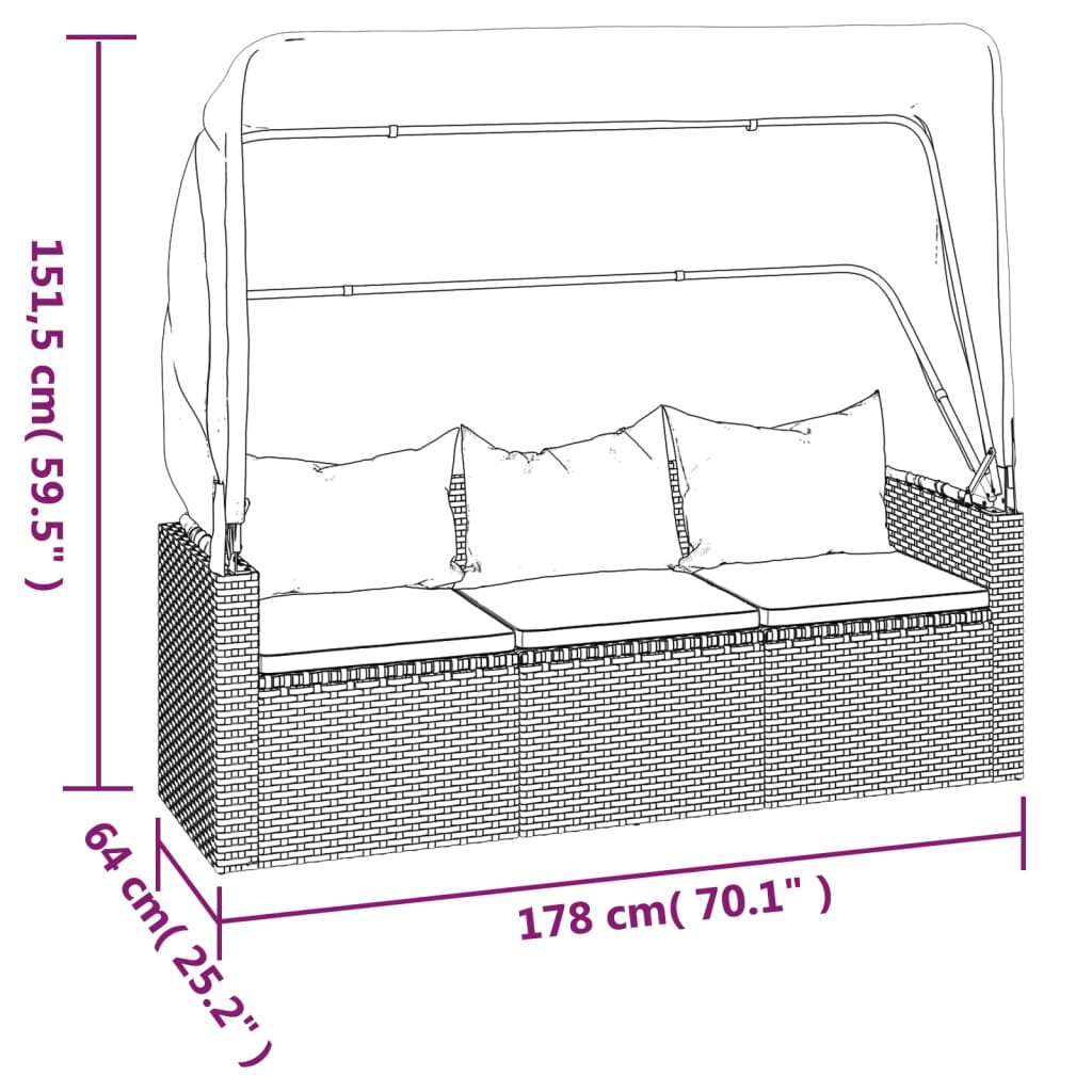 3-Sitzer-Gartensofa mit Dach und Fußhocker Schwarz Poly Rattan