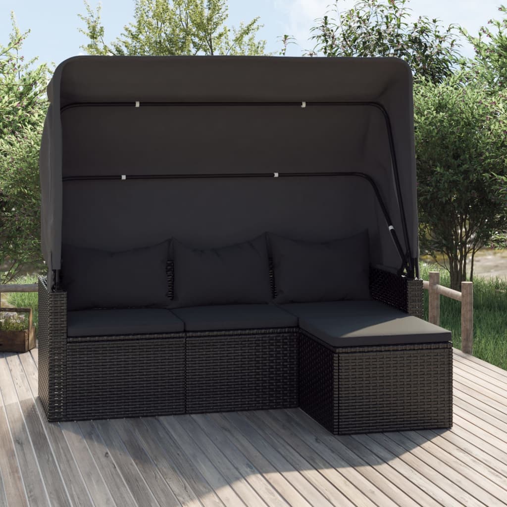 3-Sitzer-Gartensofa mit Dach und Fußhocker Schwarz Poly Rattan