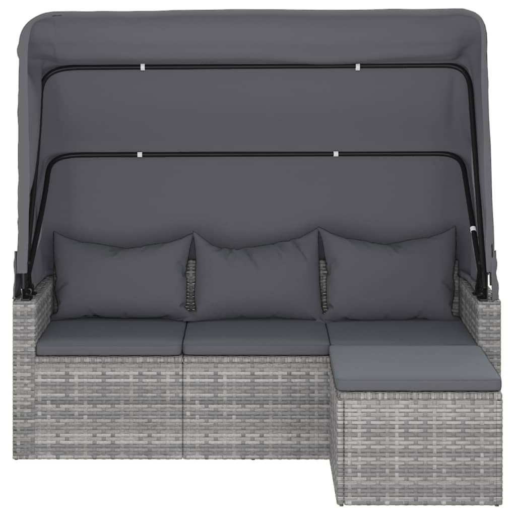 3-Sitzer-Gartensofa mit Dach und Fußhocker Grau Poly Rattan