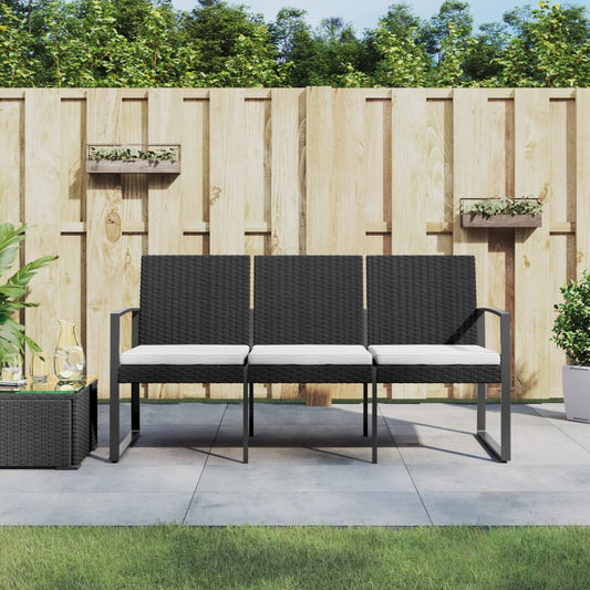 Gartenbank 3-Sitzer mit Kissen Schwarz PP-Rattan