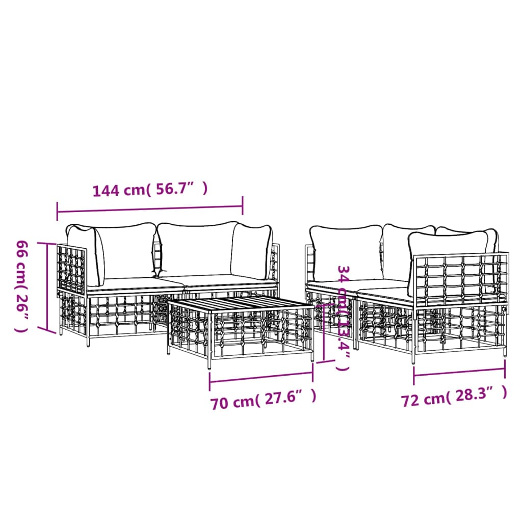 5-tlg. Garten-Lounge-Set mit Kissen Anthrazit Poly Rattan