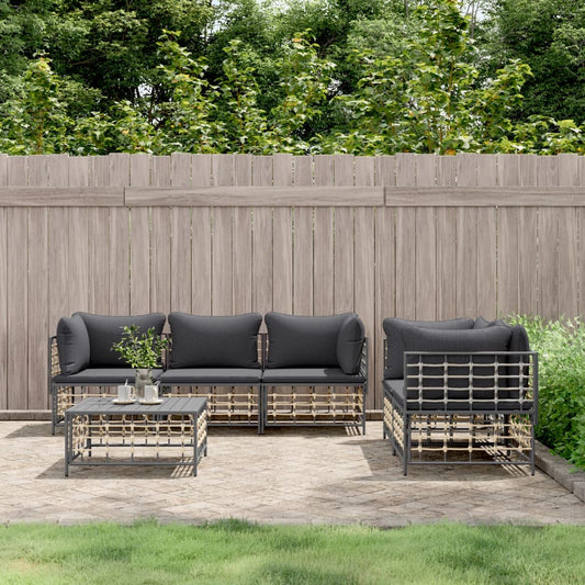 6-tlg. Garten-Lounge-Set mit Kissen Anthrazit Poly Rattan