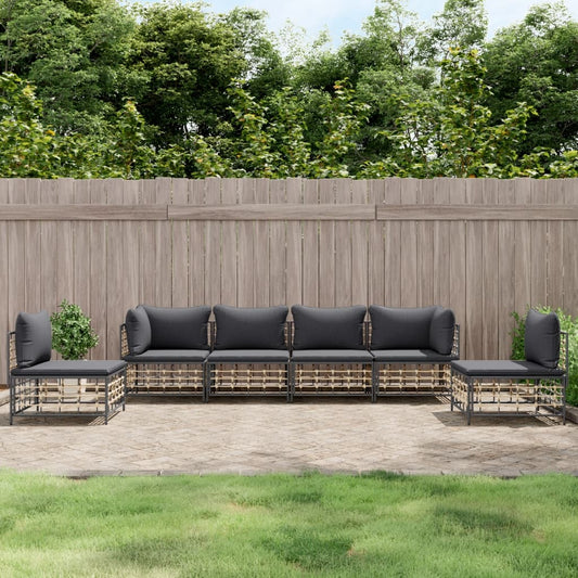 6-tlg. Garten-Lounge-Set mit Kissen Anthrazit Poly Rattan