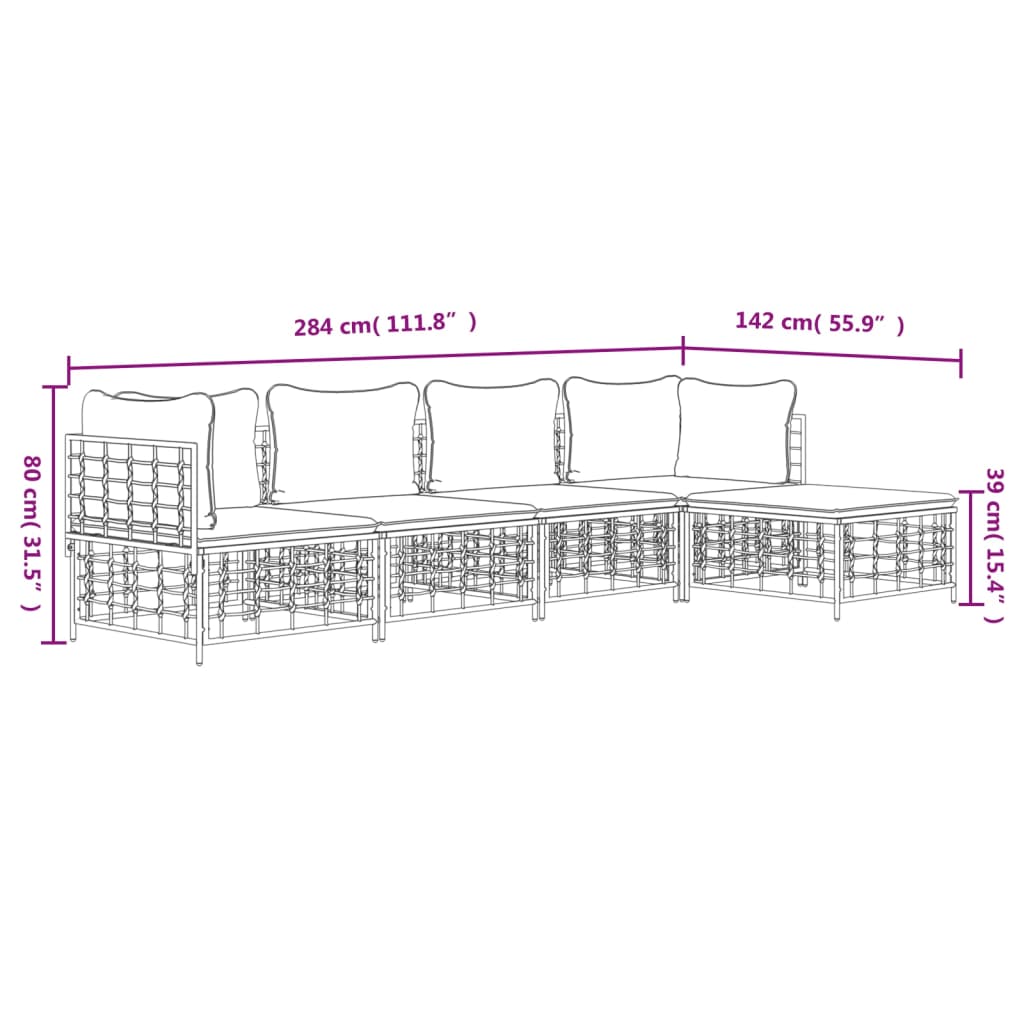 5-tlg. Garten-Lounge-Set mit Kissen Anthrazit Poly Rattan