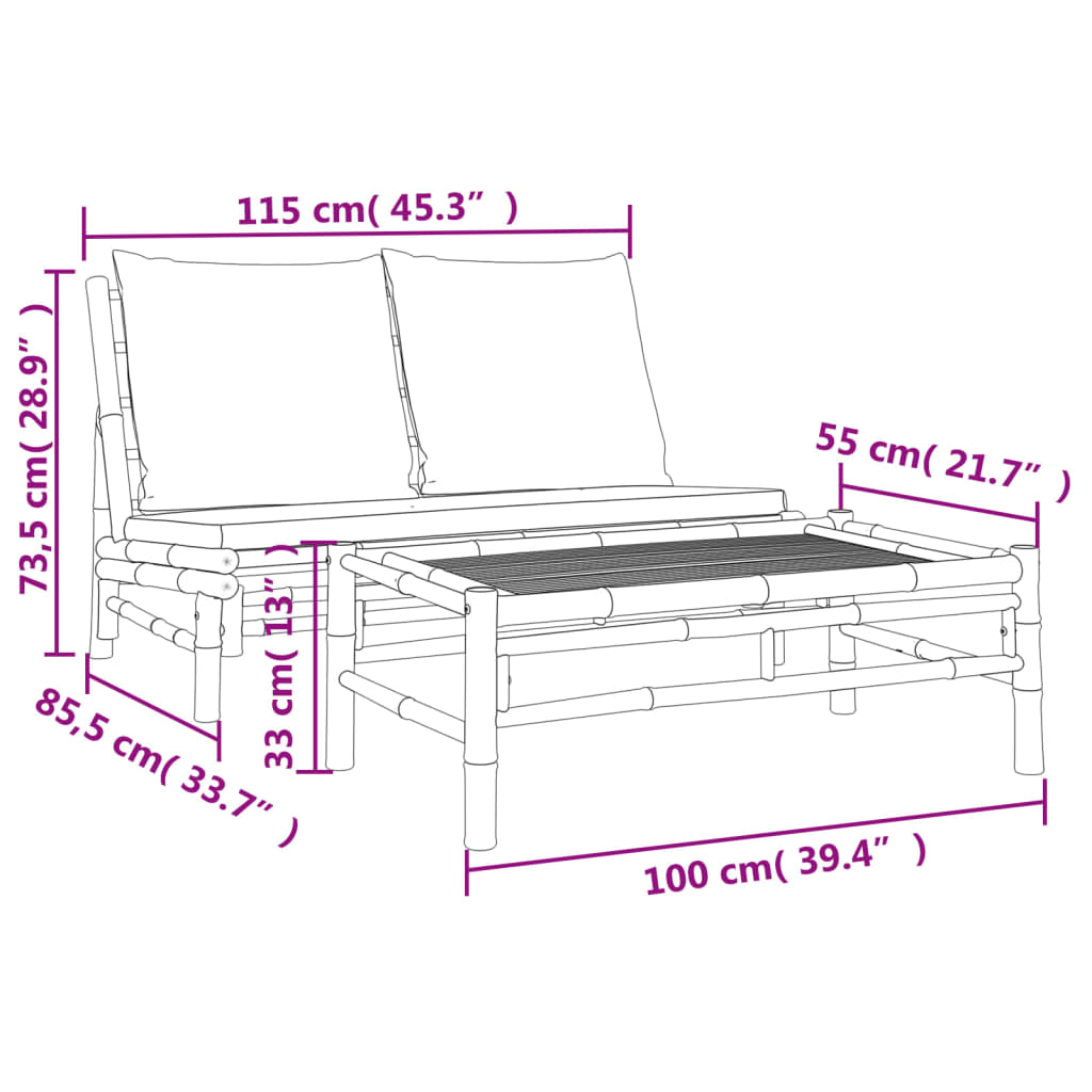 2-tlg. Garten-Lounge-Set mit Cremeweißen Kissen Bambus