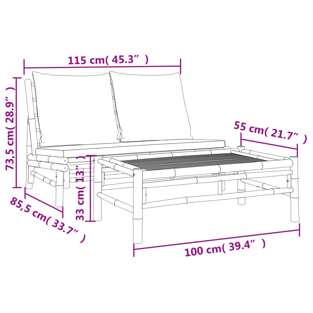 2-tlg. Garten-Lounge-Set mit Dunkelgrauen Kissen Bambus