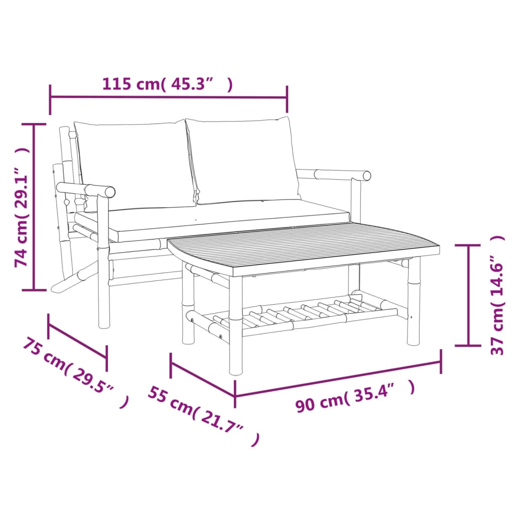 2-tlg. Garten-Lounge-Set mit Cremeweißen Kissen Bambus