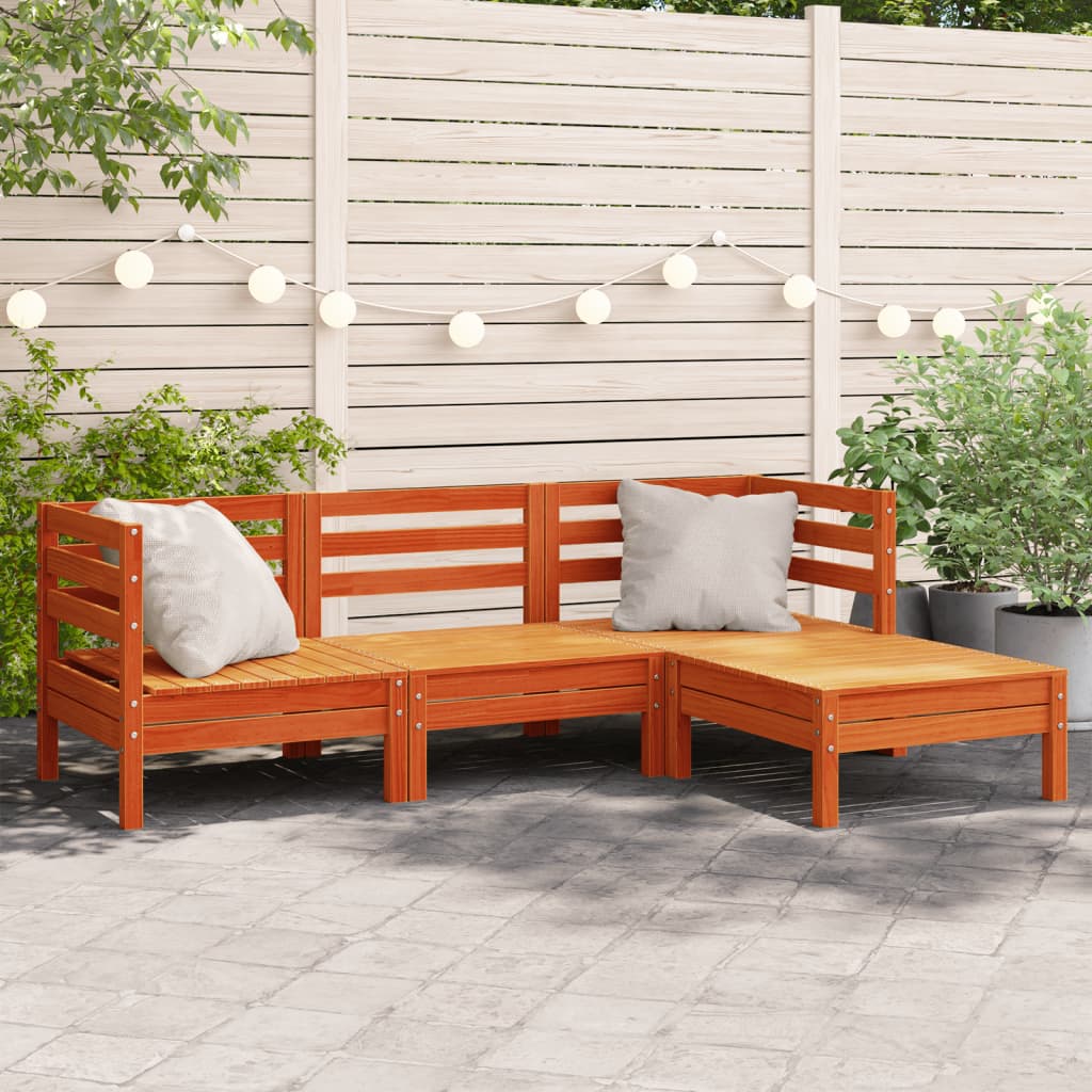 Gartensofa 3-Sitzer mit Hocker Wachsbraun Massivholz Kiefer