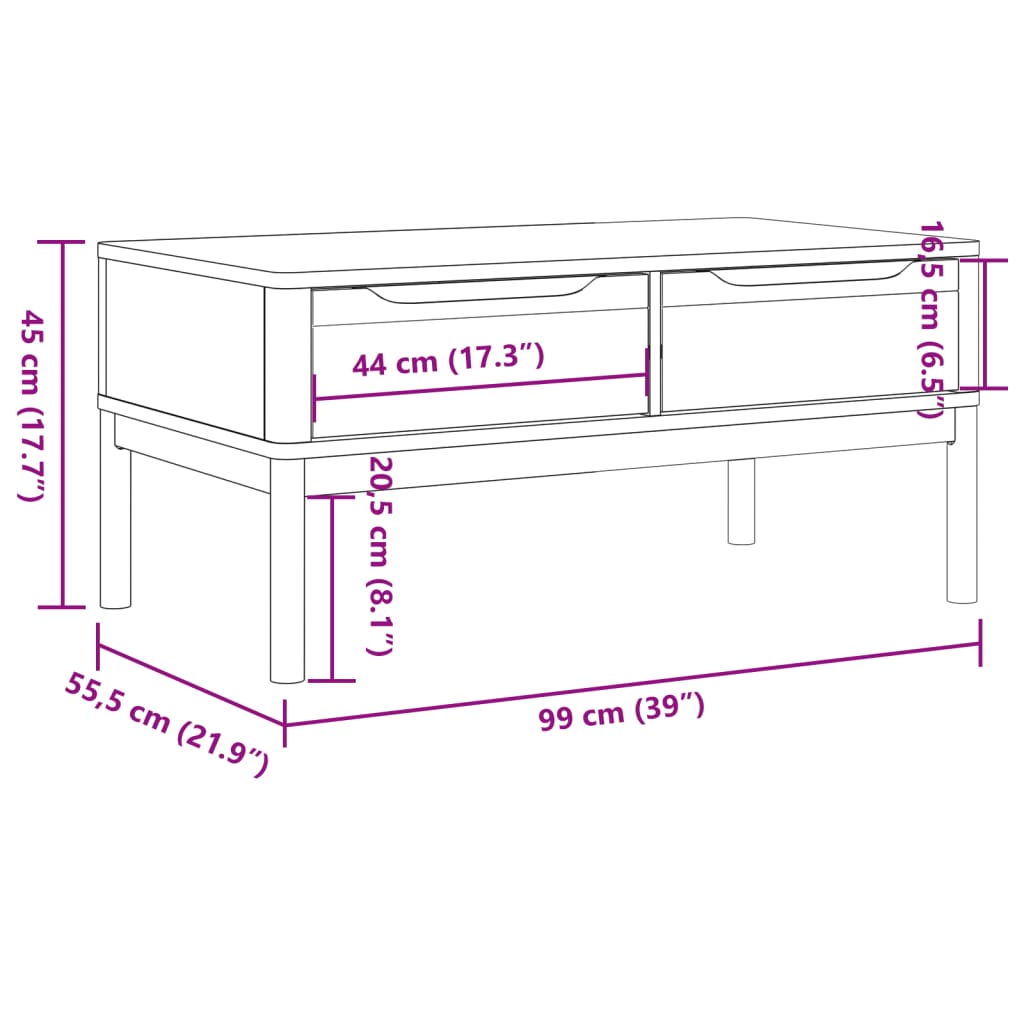 Couchtisch FLORO Grau 99x55,5x45 cm Massivholz Kiefer