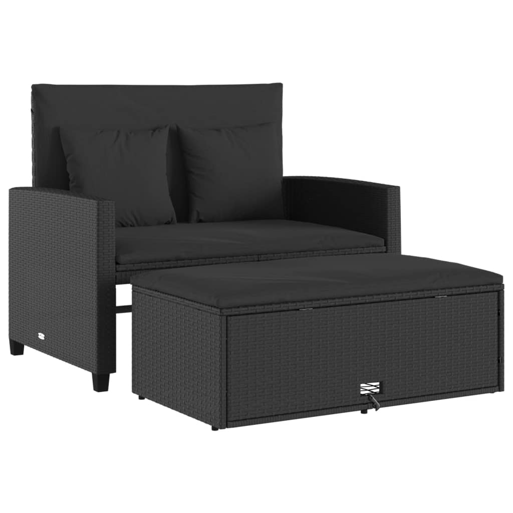 Gartensofa mit Kissen 2-Sitzer Schwarz Poly Rattan