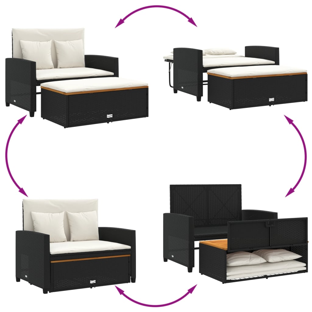 Gartensofa mit Kissen 2-Sitzer Schwarz Poly Rattan&Akazienholz