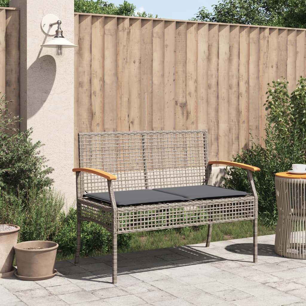 Gartenbank mit Kissen Grau Poly Rattan Akazienholz