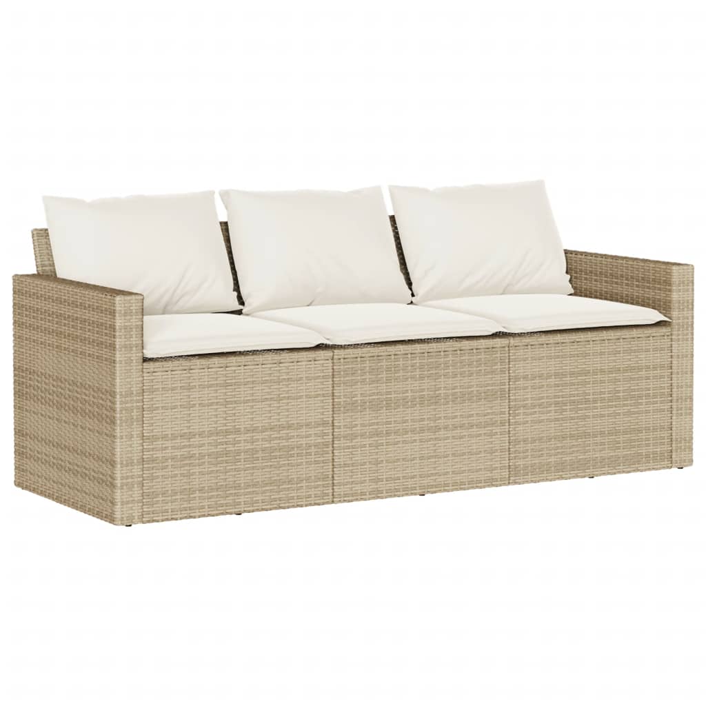 Gartensofa mit Kissen 3-Sitzer Beige Poly Rattan