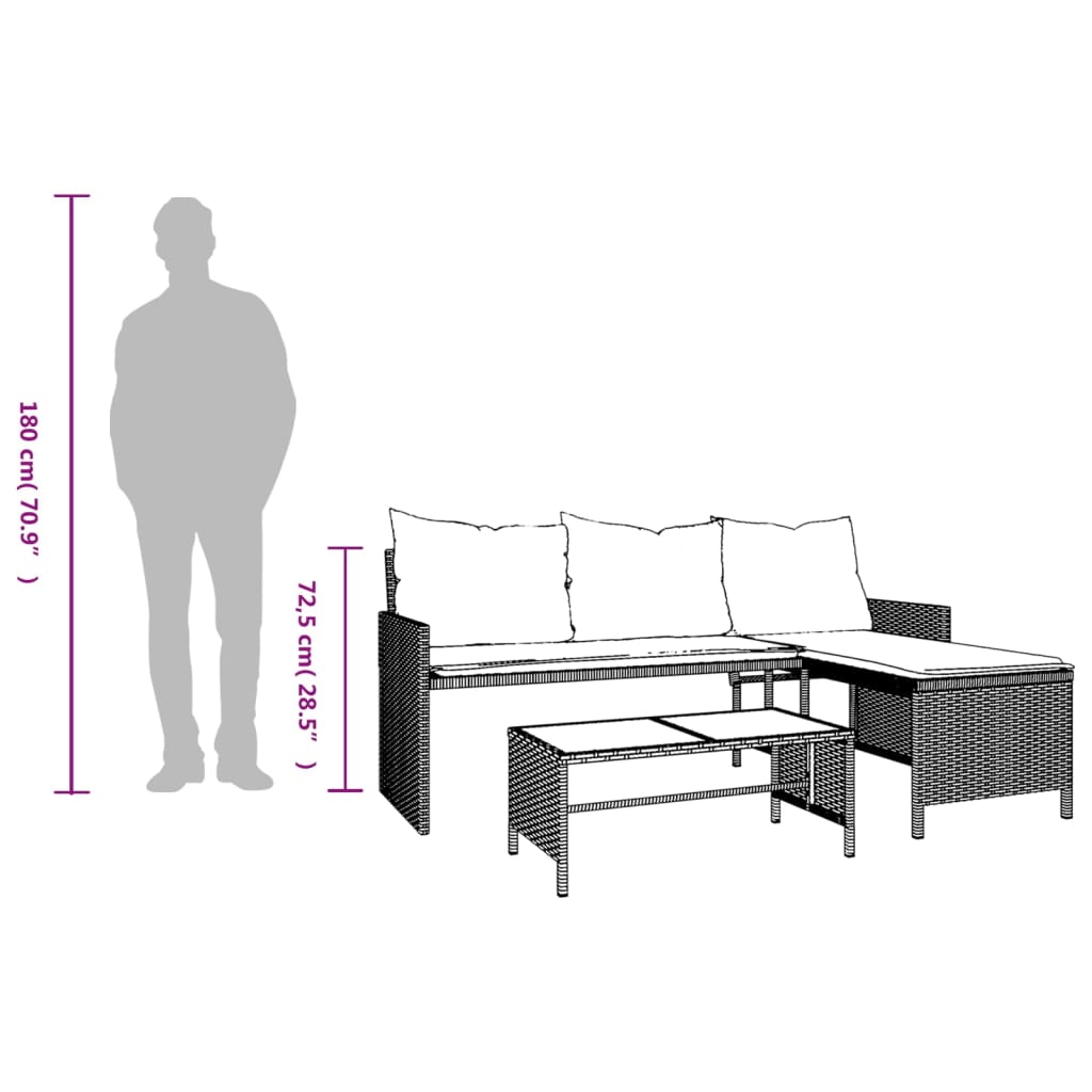 Gartensofa in L-Form mit Tisch und Kissen Braun Poly Rattan