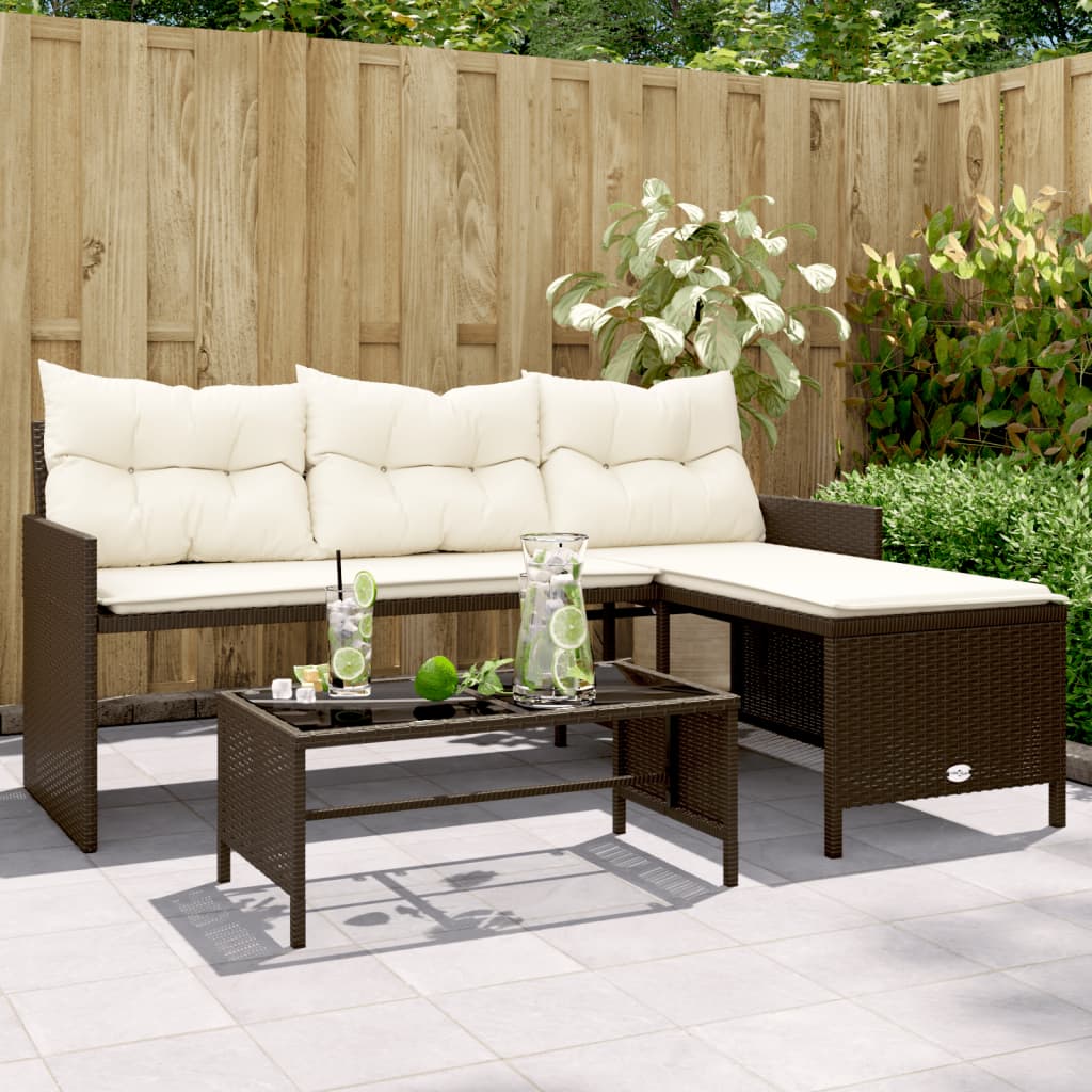 Gartensofa in L-Form mit Tisch und Kissen Braun Poly Rattan