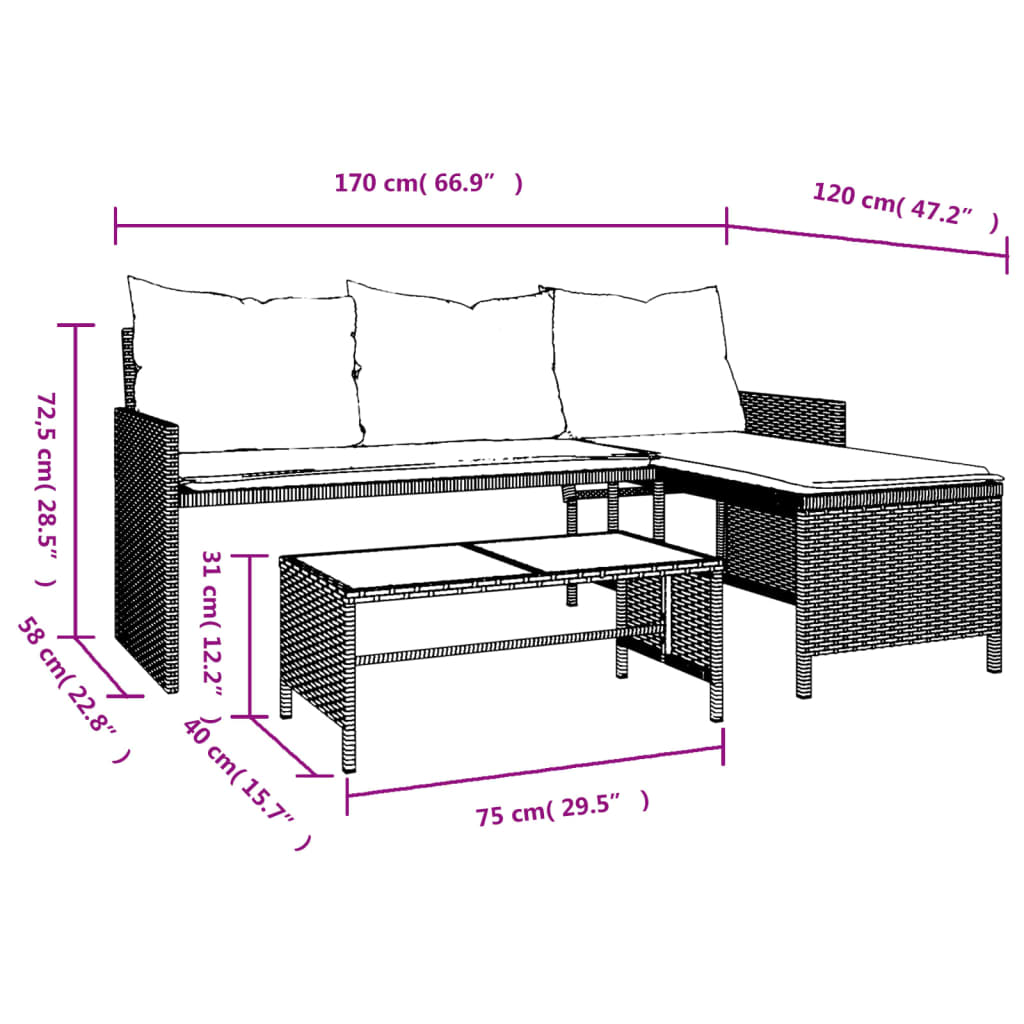 Gartensofa in L-Form mit Tisch und Kissen Hellgrau Poly Rattan