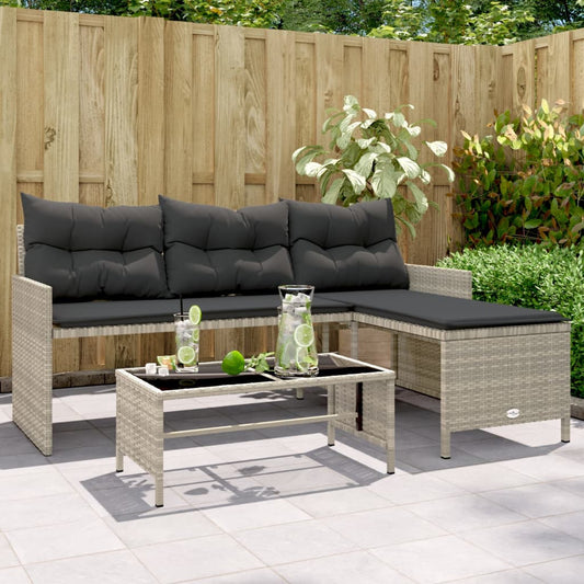 Gartensofa in L-Form mit Tisch und Kissen Hellgrau Poly Rattan