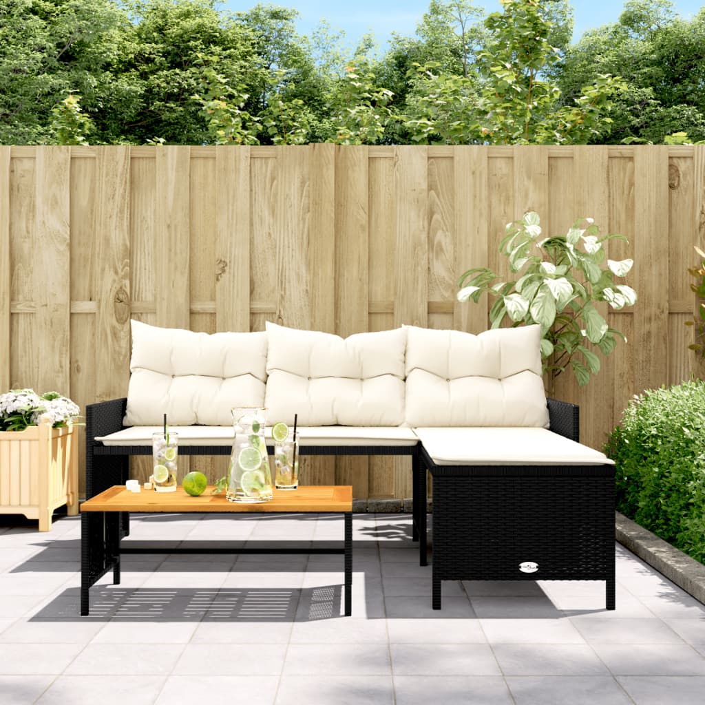 Gartensofa in L-Form mit Tisch und Kissen Schwarz Poly Rattan