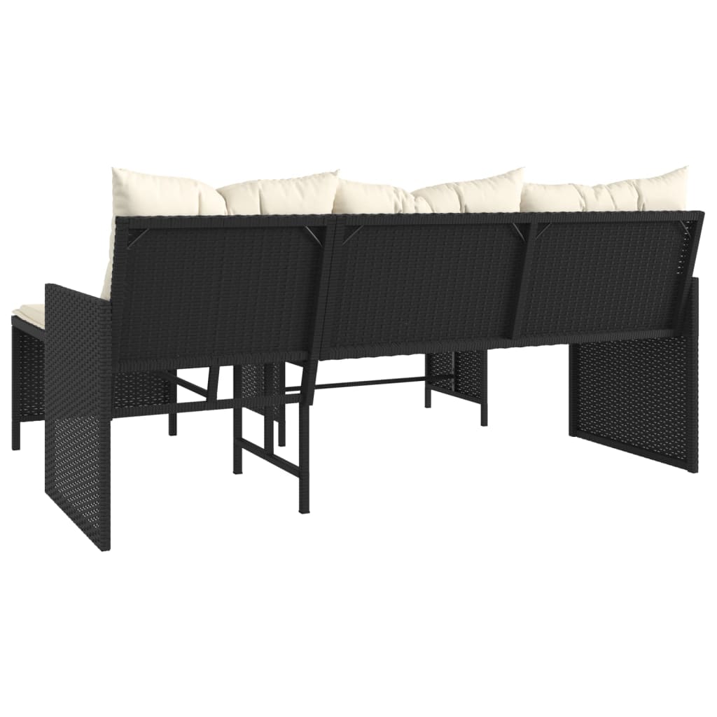 Gartensofa in L-Form mit Tisch und Kissen Schwarz Poly Rattan