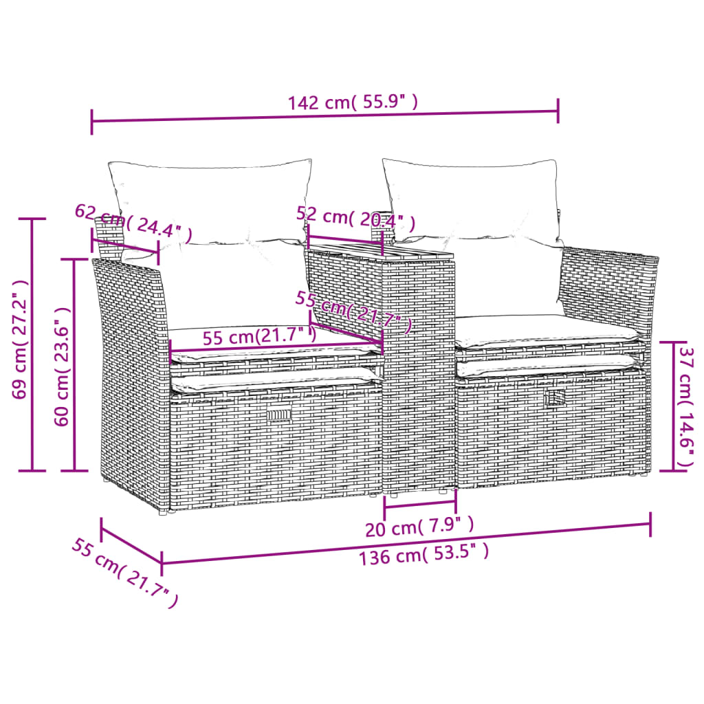 Gartensofa 2-Sitzer mit Hockern Schwarz Poly Rattan