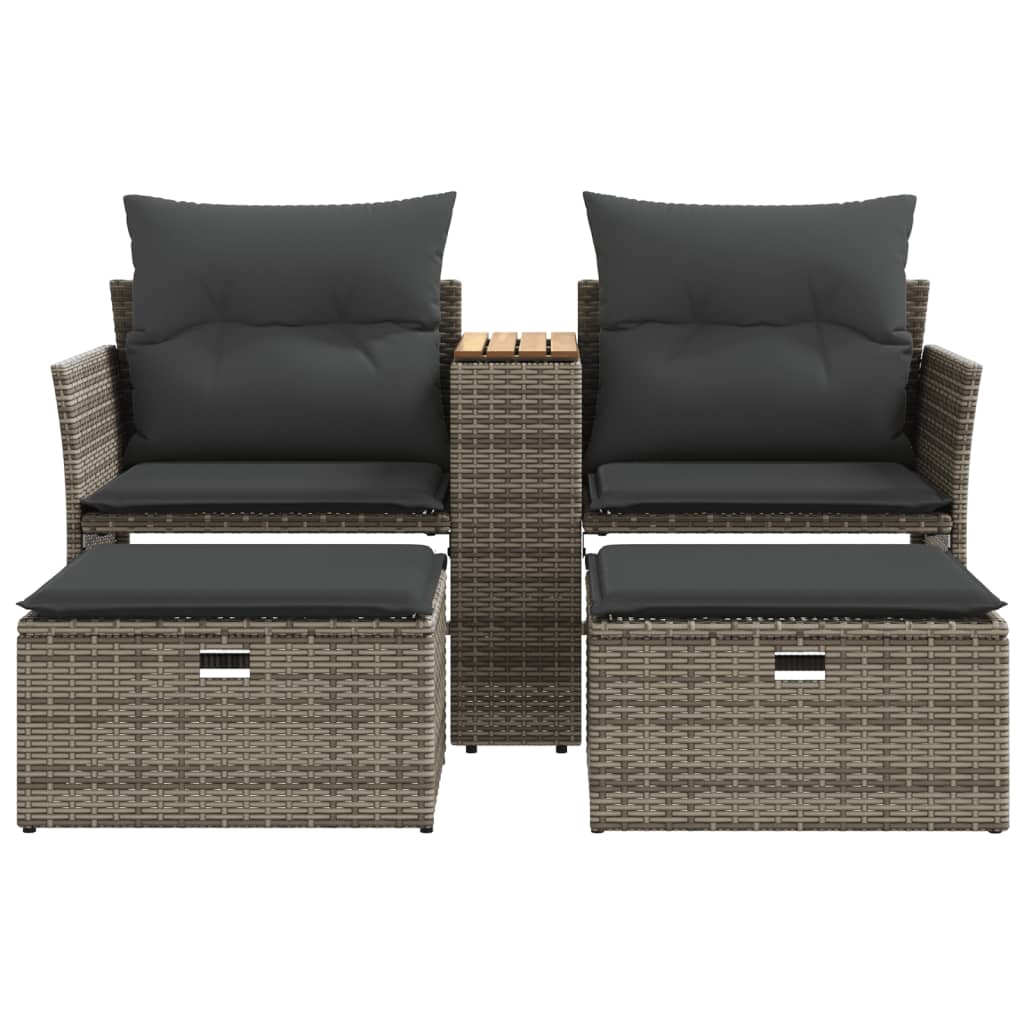 Gartensofa 2-Sitzer mit Hockern Grau Poly Rattan