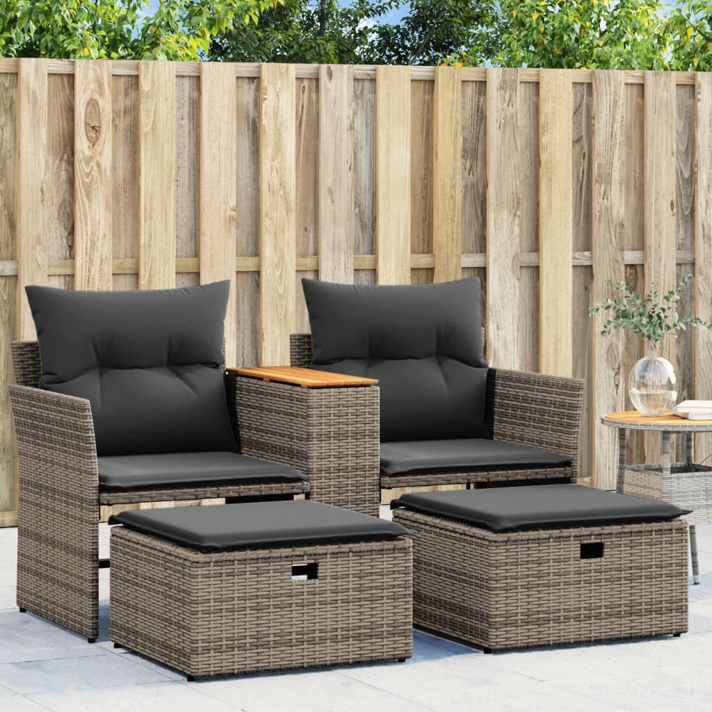 Gartensofa 2-Sitzer mit Hockern Grau Poly Rattan