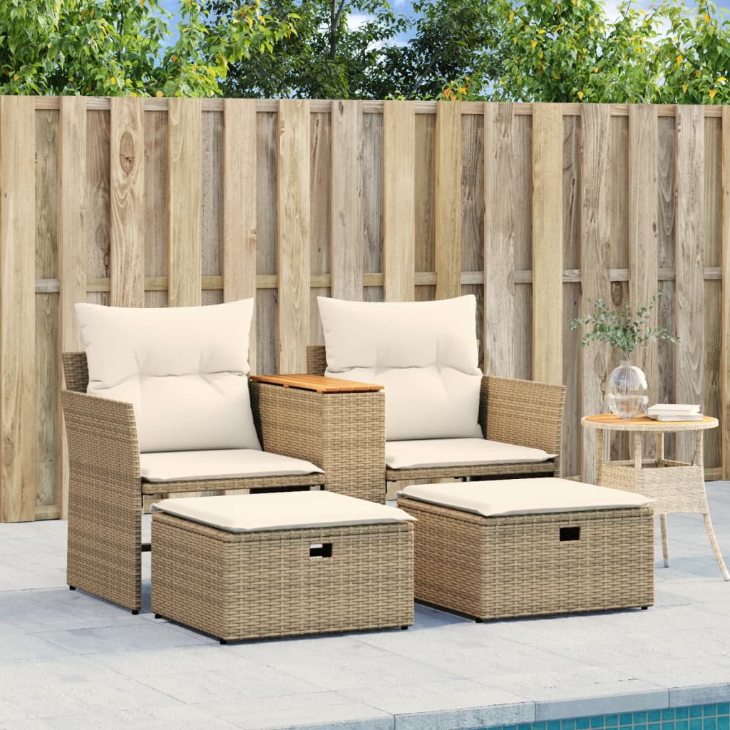 Gartensofa 2-Sitzer mit Hockern Beige Poly Rattan