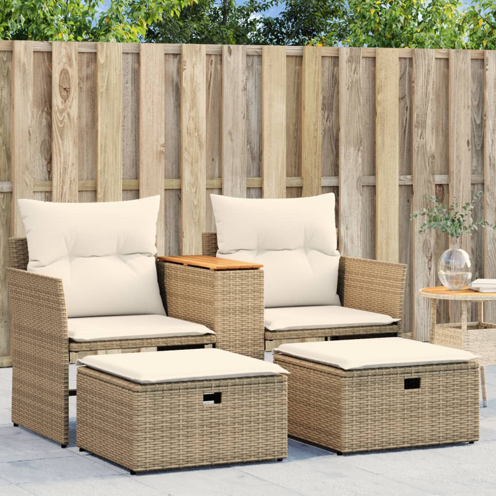 Gartensofa 2-Sitzer mit Hockern Beige Poly Rattan