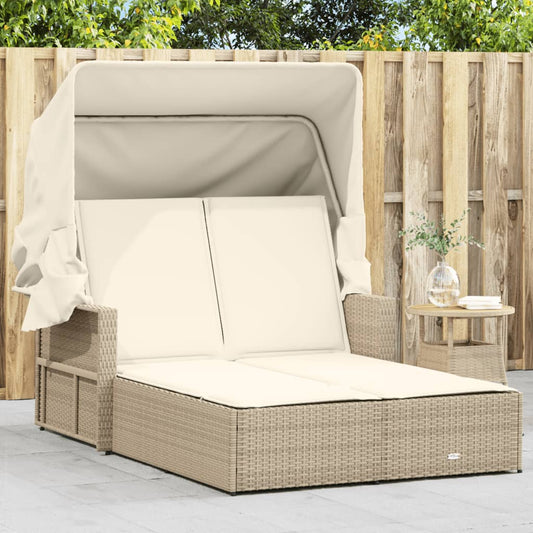 Doppel-Sonnenliege mit Dach und Auflagen Beige Poly Rattan