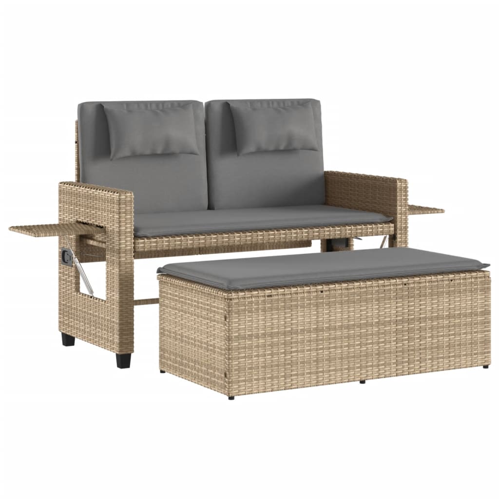 Gartenbank Verstellbar mit Kissen Beige Poly Rattan