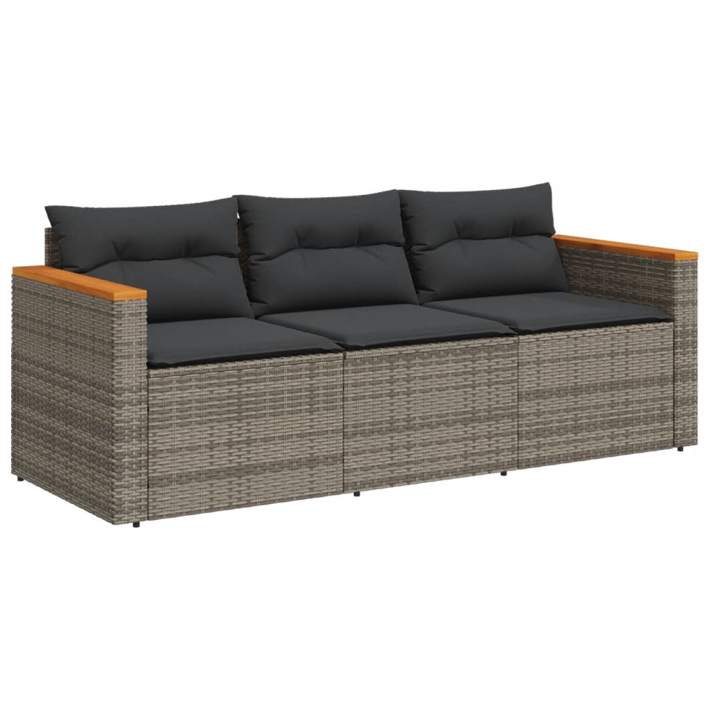 Gartensofa mit Kissen 3-Sitzer Grau Poly Rattan